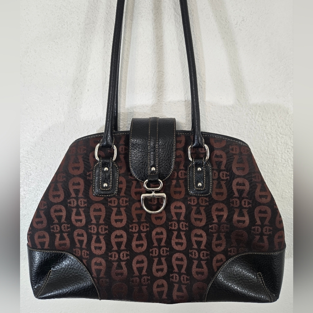 Etienne Aigner Signature Monogram Brown/Black Satchel Classic Work Church